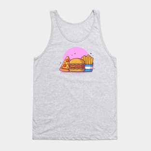 Burger with Slice of Pizza and French Fries Cartoon Vector Icon Illustration Tank Top